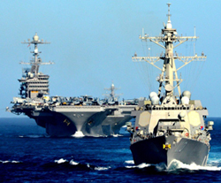 U.S. Carrier and Cruiser underway at sea